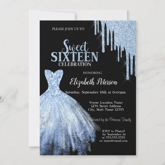 Chic Blue Glitter Drips Blue Dress Black  Invitation (Front)