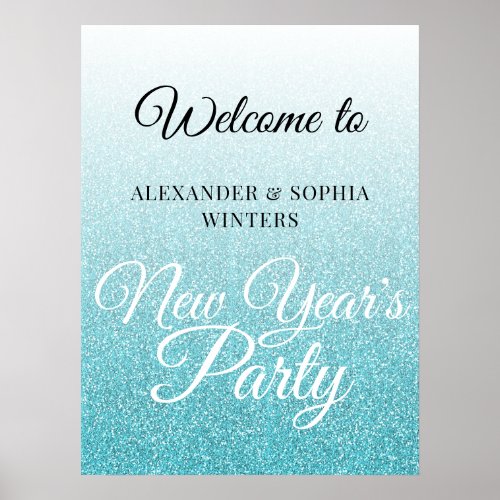 Chic Blue Glitter New Years Party Welcome Poster