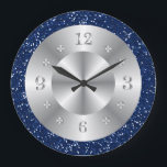 Chic Blue Glitter Silver Numbers Large Clock<br><div class="desc">A stylish glitter clock in silver and blue.</div>