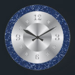 Chic Blue Glitter Silver Numbers Large Clock<br><div class="desc">A stylish glitter clock in silver and  blue.</div>