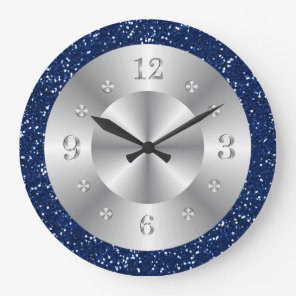 Chic Blue Glitter Silver Numbers Large Clock