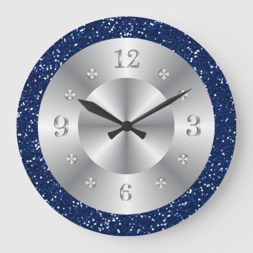 Chic Blue Glitter Silver Numbers Large Clock