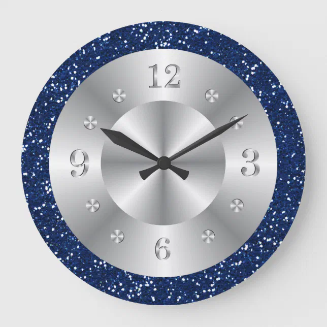 Chic Blue Glitter Silver Numbers Large Clock | Zazzle