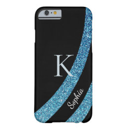 Chic Blue Glitter Stripes Monogram Name Barely There iPhone 6 Case