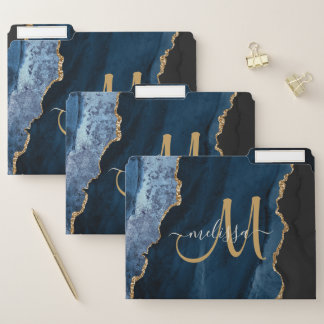 Chic Blue Gold Agate Script Custom Monogram File Folder
