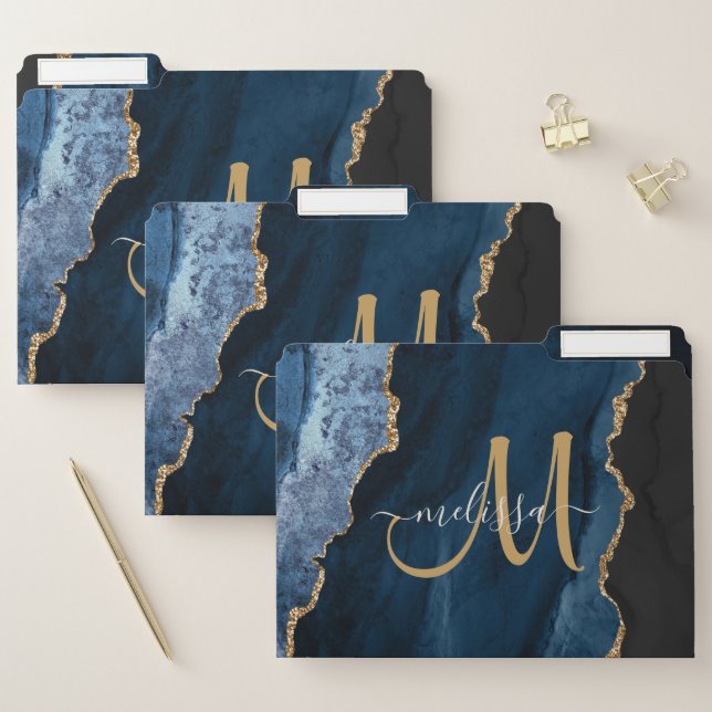 Chic Blue Gold Agate Script Custom Monogram File Folder (Set)