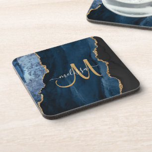 Chic Blue Gold Agate Script Monogram Custom Beverage Coaster