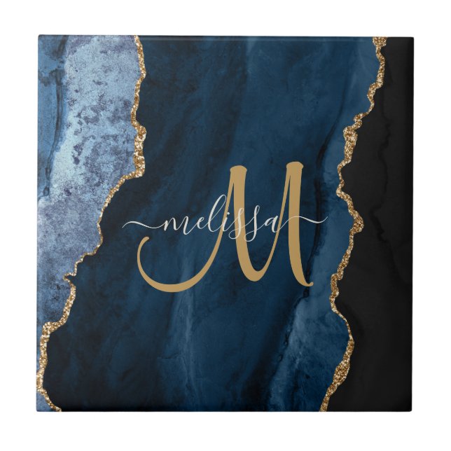 Chic Blue Gold Agate Script Monogram Custom Ceramic Tile (Front)