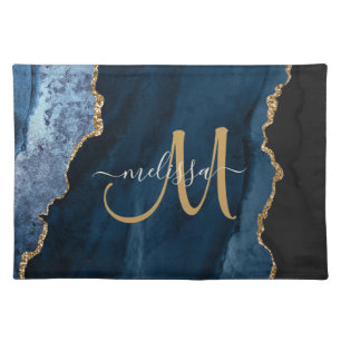 Chic Blue Gold Agate Script Monogram Custom Cloth Placemat