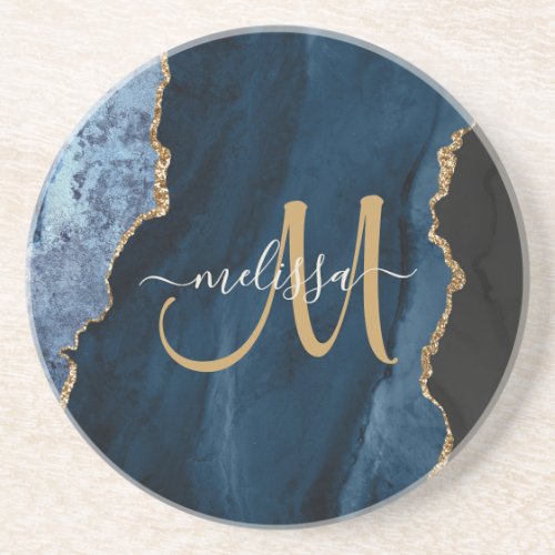 Chic Blue Gold Agate Script Monogram Custom Coaster