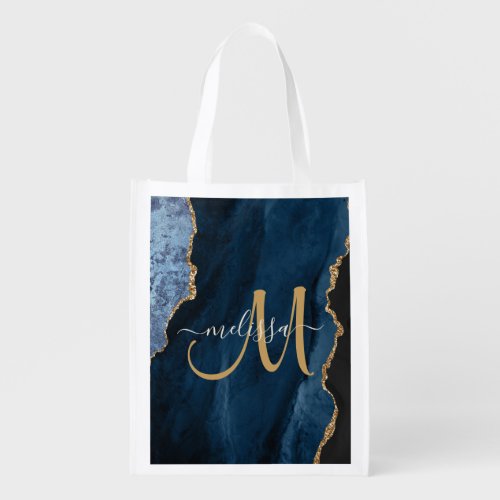 Chic Blue Gold Agate Script Monogram Custom Grocery Bag