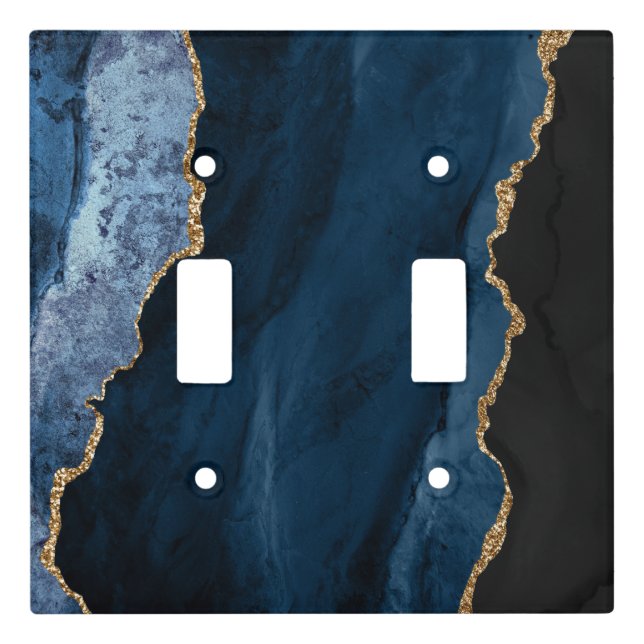 Chic Blue Gold Agate Script Monogram Custom Light Switch Cover (Front)