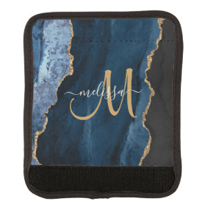 Chic Blue Gold Agate Script Monogram Custom Luggage Handle Wrap
