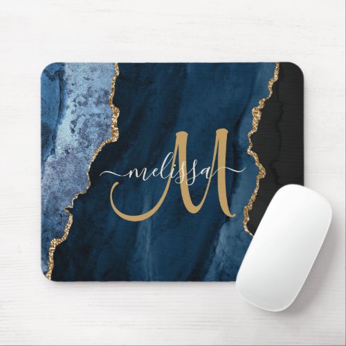 Chic Blue Gold Agate Script Monogram Custom Mouse Pad