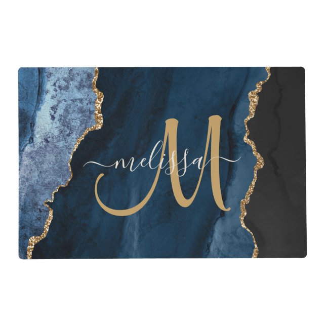 Chic Blue Gold Agate Script Monogram Custom Placemat (Front)