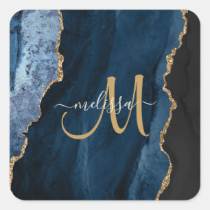 Chic Blue Gold Agate Script Monogram Custom Square Sticker