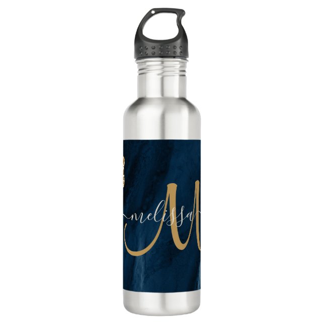 Chic Blue Gold Agate Script Monogram Custom Stainless Steel Water Bottle (Front)