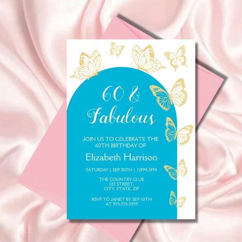Chic Blue Gold Butterfly Fabulous  Birthday Invitation
