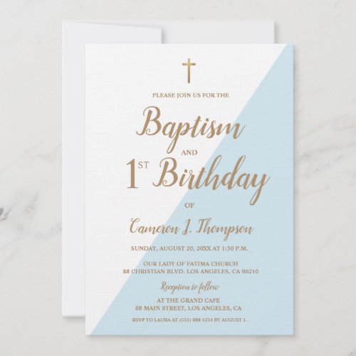 Chic Blue Gold Cross Baptism and 1st Birthday Invitation