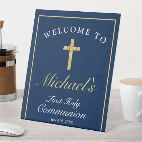 Chic Blue Gold Cross Boys First Communion Welcome Pedestal Sign