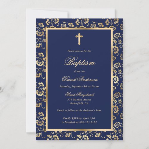 Chic Blue Gold Cross Script Floral Baptism Invitation