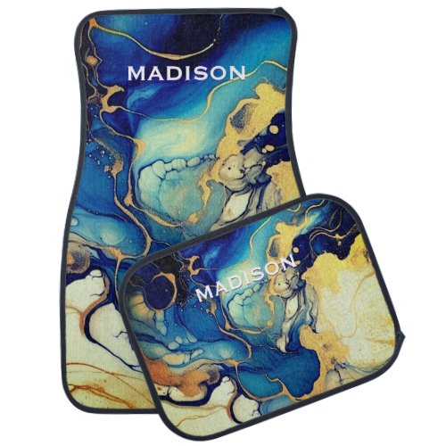 Chic blue gold faux glitter marbling monogram car floor mat