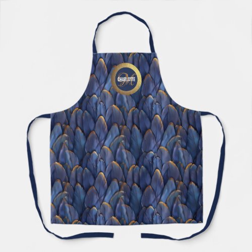 Chic blue gold feathers monogram name apron