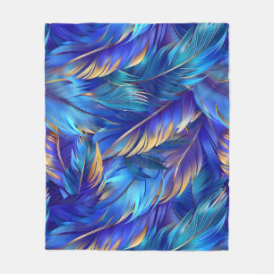 Chic blue gold feathers pattern fleece blanket