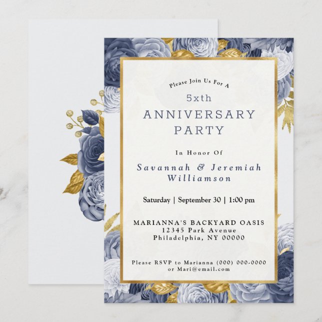 Chic Blue Gold Floral Customizable Anniversary Invitation (Front/Back)