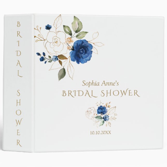 Chic Blue Gold Flowers Bridal Shower Photo Album 3 Ring Binder (Front/Spine)