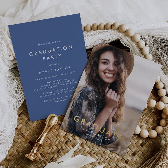 Chic Blue Gold Foil Photo Graduation Party Foil Invitation (Creator Uploaded)