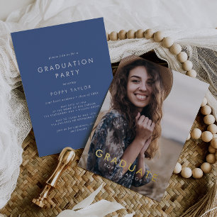 Chic Blue Gold Foil Photo Graduation Party Invitation