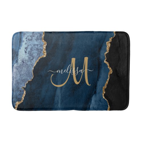 Chic Blue Gold Glitter Agate Custom Monogram Bath Mat