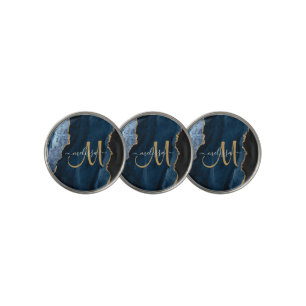 Chic Blue Gold Glitter Agate Custom Monogram Golf Golf Ball Marker