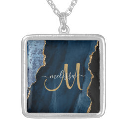 Chic Blue Gold Glitter Agate Custom Monogram  Silver Plated Necklace