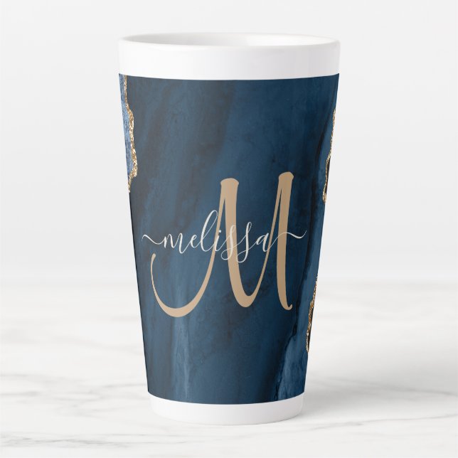 Chic Blue Gold Glitter Agate Marble Monogram Latte Mug (Front)
