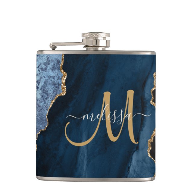 Chic Blue Gold Glitter Agate Monogram Name Flask (Front)