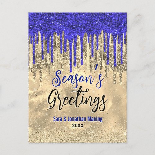 Chic blue gold glitter drips Christmas new year  Postcard
