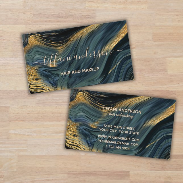 Chic Blue Gold Glitter Marble Agate Makeup Artists Business Card (Creator Uploaded)