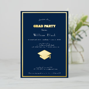 chic blue & gold grad party foil invitation