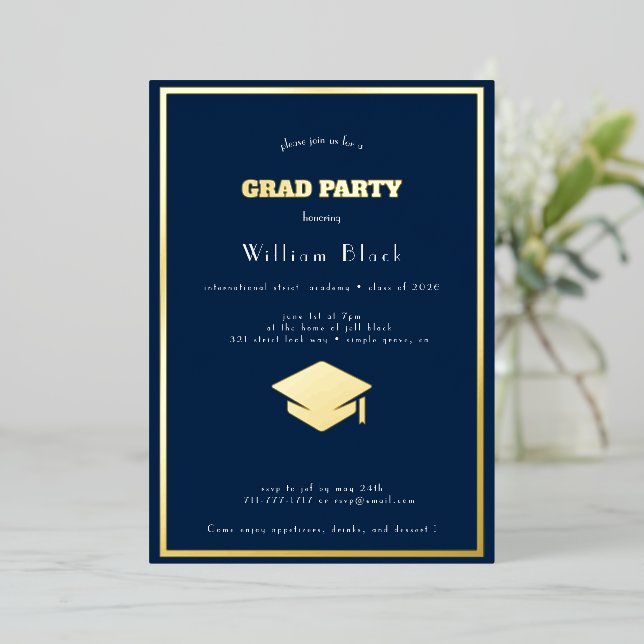  chic   blue & gold grad party foil invitation (Standing Front)