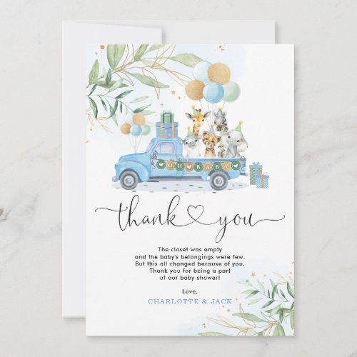 Chic Blue Gold Greenery Wild Jungle Baby Animals Thank You Card