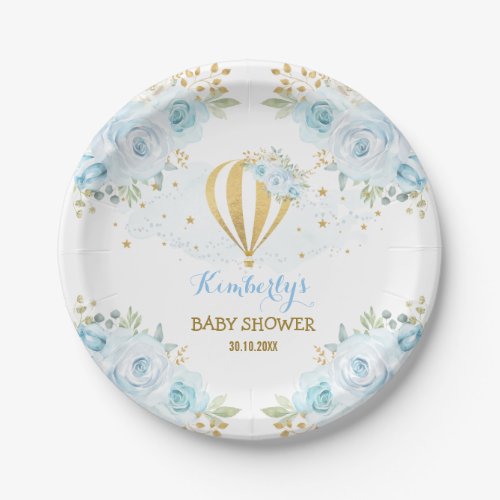 Chic Blue Gold Hot Air Balloon Floral Baby Shower Paper Plates