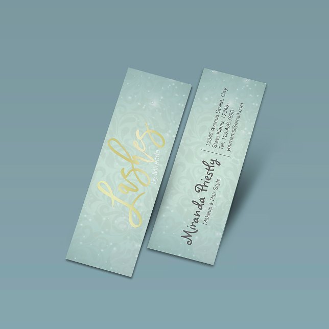 Chic Blue Gold Lashes Script Makeup Artist Mini Business Card (Creator Uploaded)