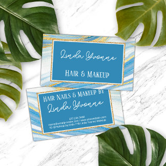 Chic Blue Gold Marble Makeup Artist & Hair Stylist Business Card