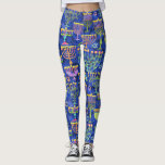 Chic Blue Gold Menorah Star of David Hanukkah Leggings<br><div class="desc">These holiday leggings feature a chic pattern of gold,  green and purple menorah and gold Star of David on a blue background. Designed by world renowned artist Tim Coffey.</div>
