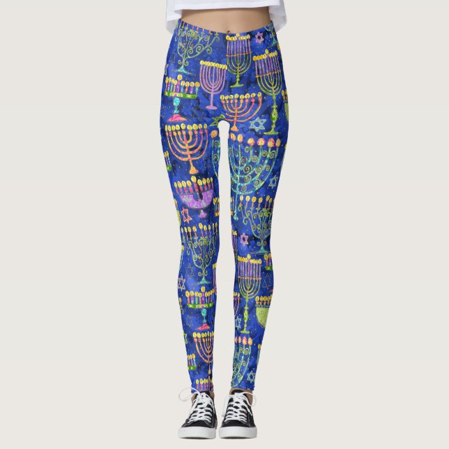 Chic Blue Gold Menorah Star of David Hanukkah Leggings (Front)