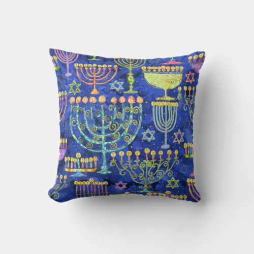 Chic Blue Gold Menorah Star of David Hanukkah Throw Pillow
