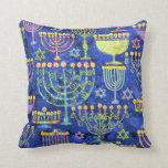 Chic Blue Gold Menorah Star of David Hanukkah Throw Pillow<br><div class="desc">This holiday throw pillow features a chic pattern of gold,  green and purple menorah and gold Star of David on a blue background. Designed by world renowned artist Tim Coffey.</div>