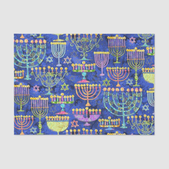 Chic Blue Gold Menorah Star of David Hanukkah Tissue Paper (Front)